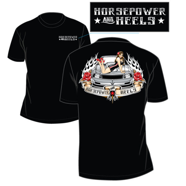 men's horsepower and heels pin-up t-shirt