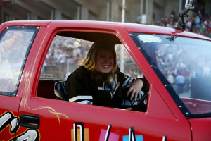 Mackenzie La Rue in the driver seat of Child's Play, her truck pullin S-10